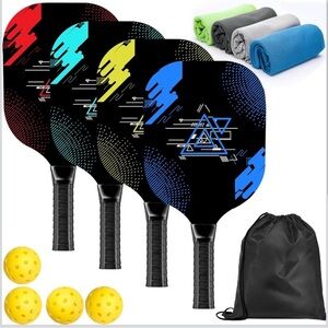 Pickleball Set with 4 Premium Wood Paddles, 4 Pack, Blue, Red, Yellow, Cyan
